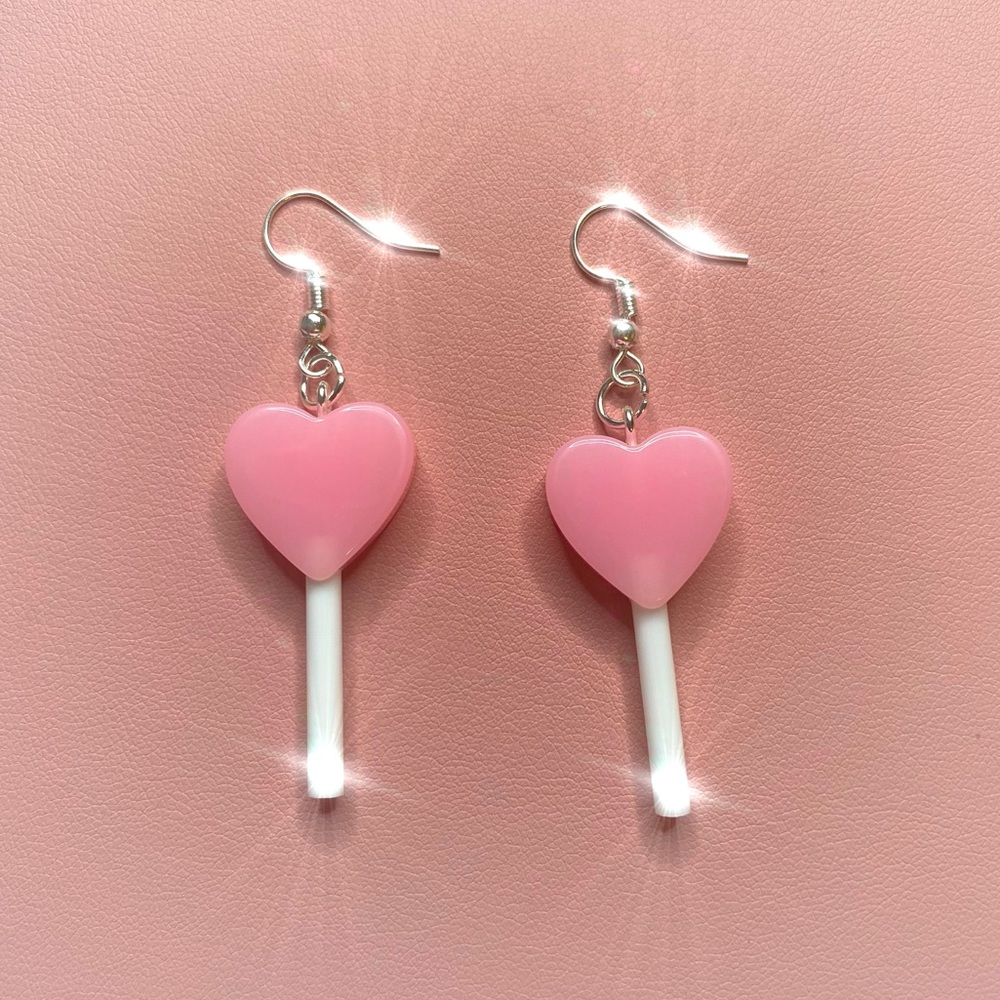 Handmade Pink Resin Heart Shaped Candy Lollipop Dangle Earrings